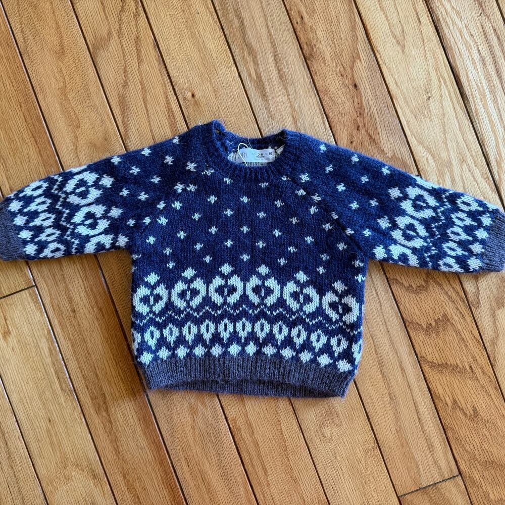 ZARA Baby Knit Marius Fair Isle Sweater Blue White Alpaca Wool Blend 3-6 Months